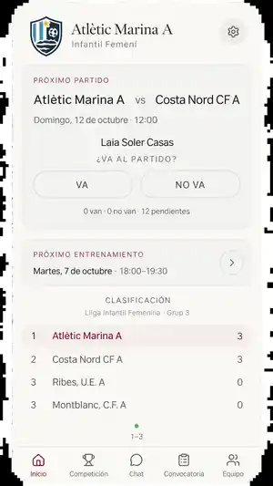 Pantalla de inicio de MonEquip para un equipo juvenil